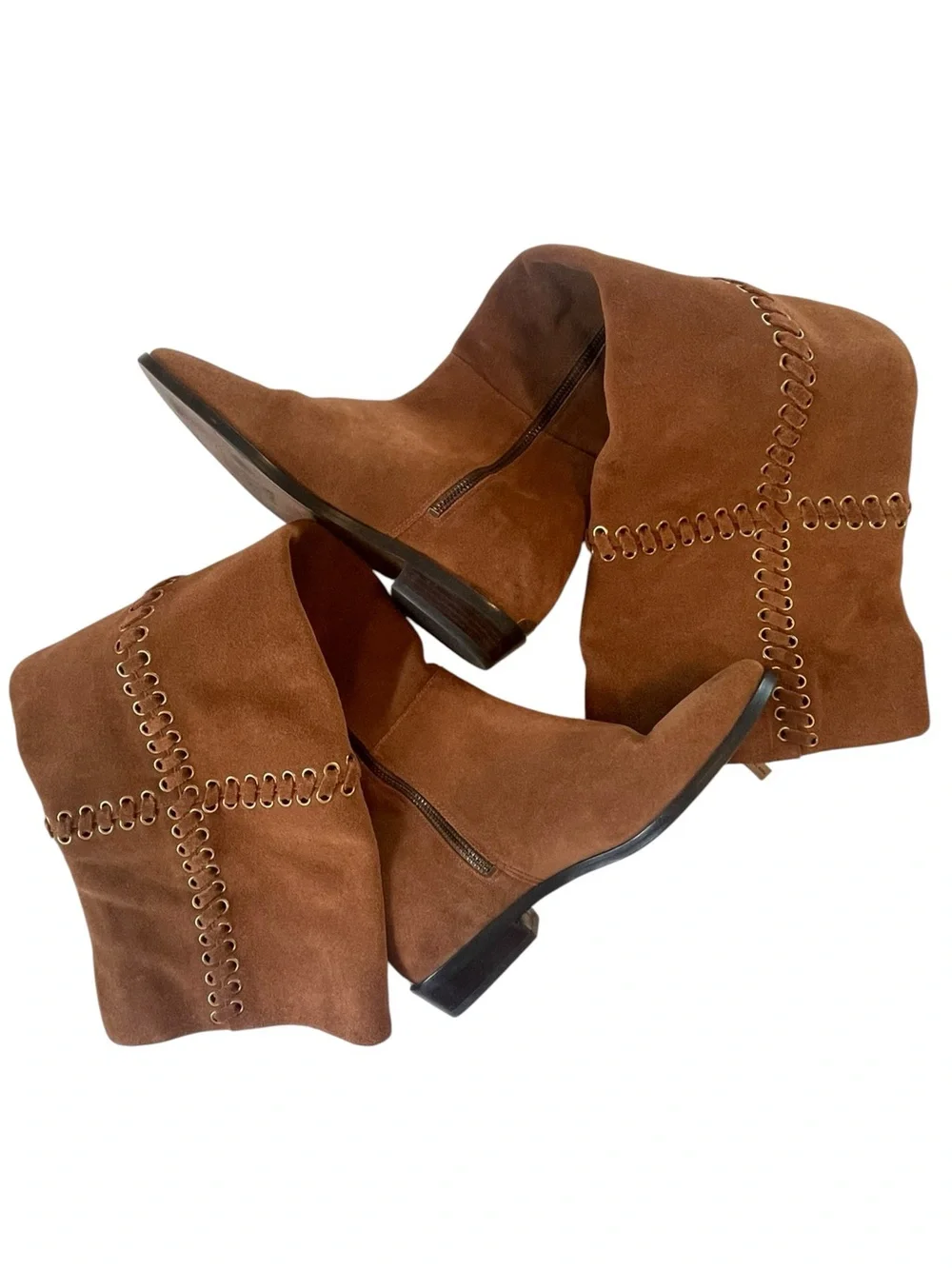 Michael Kors Malin Over The Knee Suede Boots Brown Whipstitch Gold Grommet 7.5